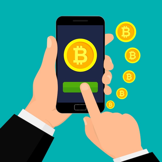Hand met smartphone met bitcoin valuta.
