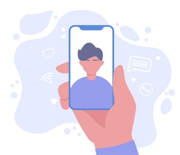 Hand met smartphone met man gezicht op scherm Foto online chatten videogesprek concepten Moderne platte ontwerp vectorillustratie