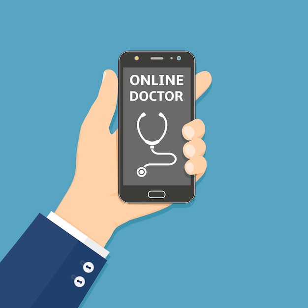 Hand met smartphone met online dokter app op scherm