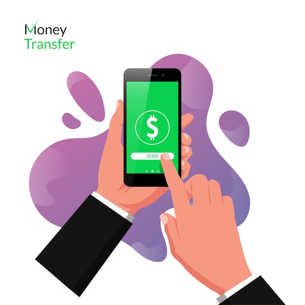 Hand met smartphone met online geldoverdracht app-concept. Technologie voor online zaken met vloeibare achtergrond.