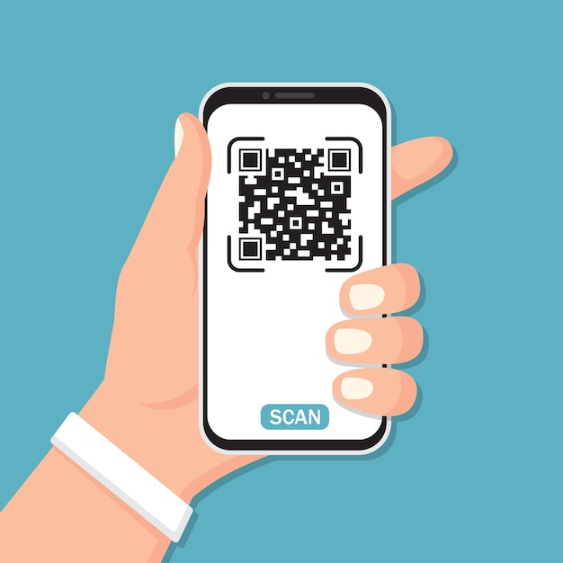 Hand met smartphone met QR-code in een plat ontwerp