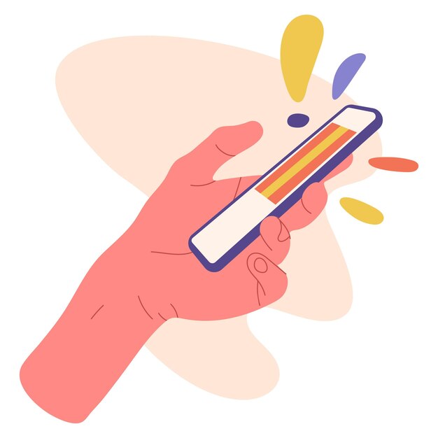 Hand met smartphone Vrouwelijke hand scrollen mobiele telefoon scherm mobiel apparaat in menselijke hand platte vectorillustratie op witte achtergrond