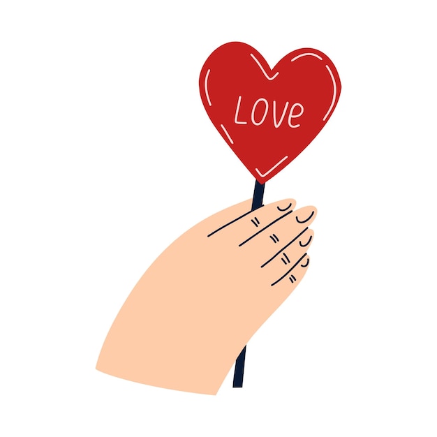 Hand met snoep in de vorm van een hart en de inscriptie hou van platte vectorillustratie op witte achtergrond