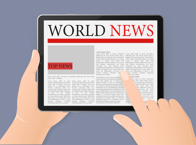 Hand met tablet met wereldnieuws online krant