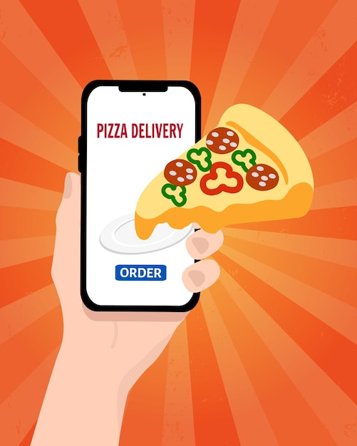 Hand met telefoon applicatie snelle levering pizza met zonnebrand achtergrond in vectorillustratie