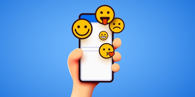 Hand met telefoon emoticons sociale media en messenger chatten