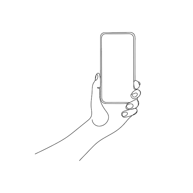 Hand met telefoon smartphone One line art Persoon met apparaat Handgetekende vectorillustratie