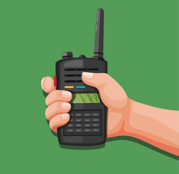 Hand met walkie talkie. radio telefoon communicatie cartoon