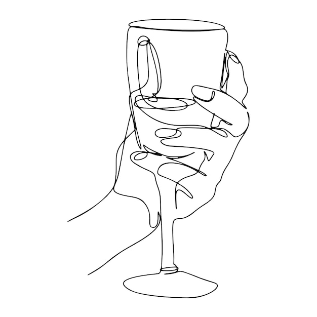 Hand met wijnglas cocktail één lijntekening continue moderne illustratie