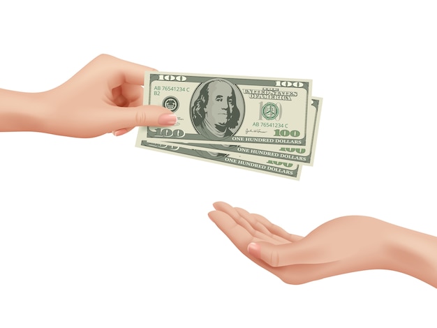 Vector hand money. business woman take dollars buying make a deal paying deposit change cash vector realistic concept. illustration finance pay, money cash payment, salary or buy