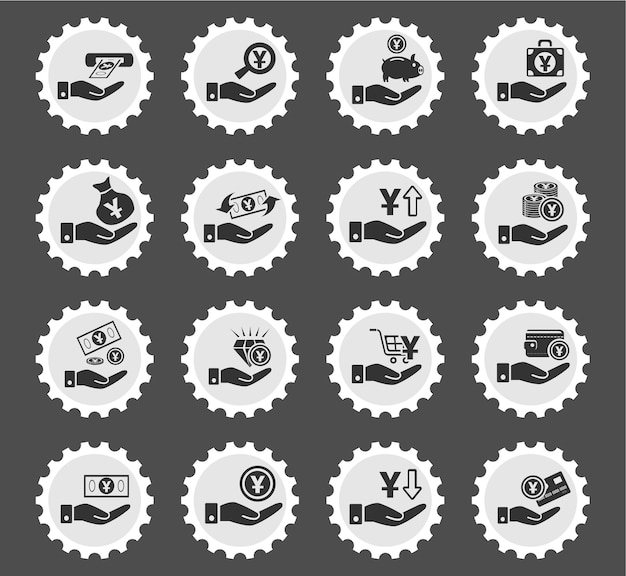 Hand and money icons on stylized round postage stamps