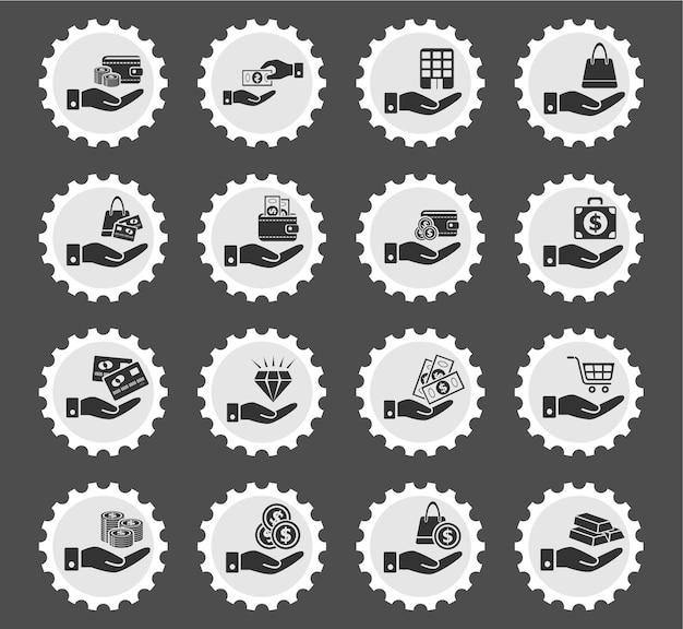 Hand and money icons on stylized round postage stamps