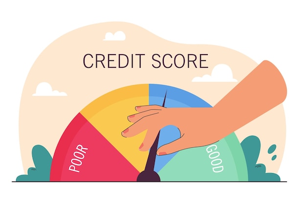 Vector hand moving gauge on credit score towards good. bank worker changing rating of client from poor to good flat vector illustration. finances, rating concept for banner, website design or landing page