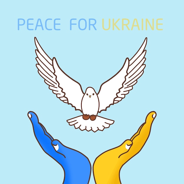 ウクライナの人々の手が開いて、翼のある鳥が平和のシンボルを飛ばし、戦争の概念がないことを解放します