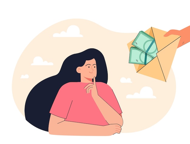 Hand offering businesswoman envelope with money. woman getting financial help flat vector illustration. finances, wealth, banking, investment concept for banner, website design or landing web page