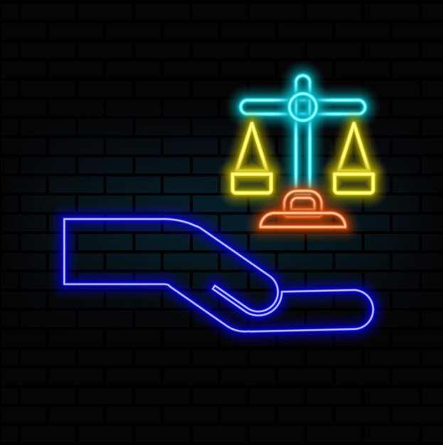 hand offering equality scales neon style honesty illustration balance neon scales of justice in hand