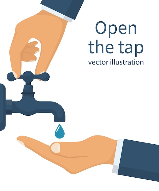 수돗물을 마시기 위해 열린 손 손바닥에 떨어지는 한 방울의 액체를 마시십시오. 벡터 일러스트 레이 션 평면 디자인 흰색 배경에 격리 됨 수도꼭지를 켜고 끕니다. 물 절약