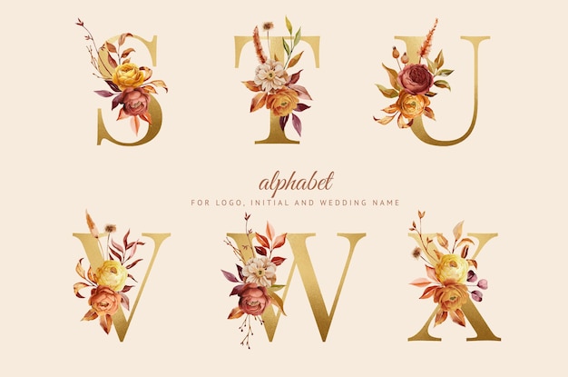 Hand painted autumn floral alphabet for logo wedding name branding intial card