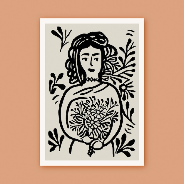 Hand Painted Black Ink Line Art Portraif of Woman with Flowers Crazy Plant Lady Poster