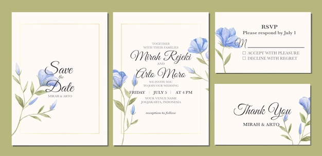 結婚式の招待状のテンプレートとして青い花の水彩画の手描き