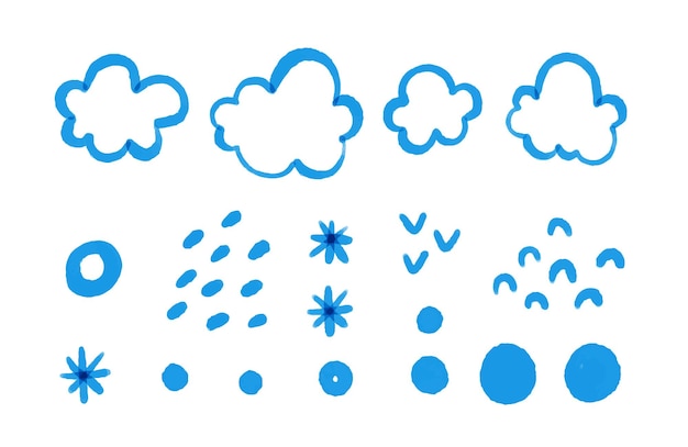 Elementi del cielo blu dipinti a mano nuvole puntini neve meteo carino illustrazione infantile design della scuola materna