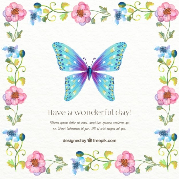 Vector hand painted butterfly invitation with a floral frame
