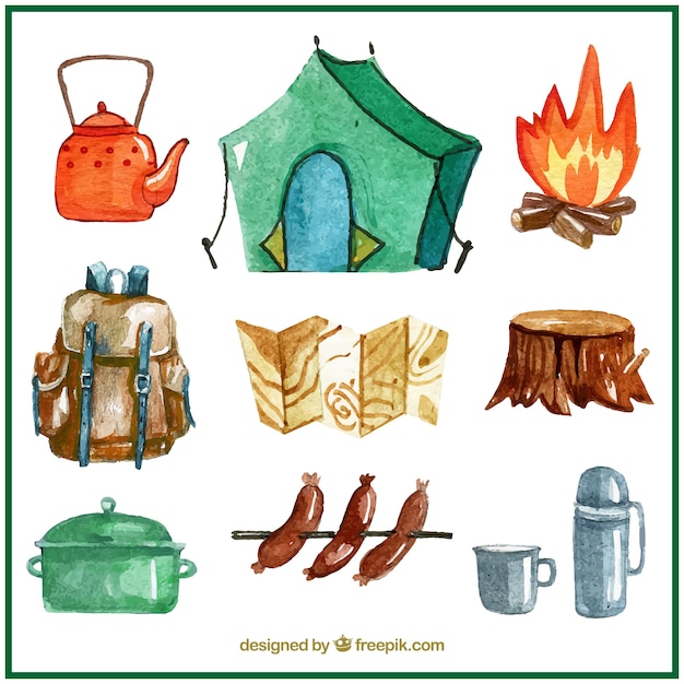 Vector hand painted campsite accessories pack