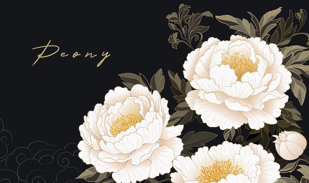 hand painted chinese style banner white peonies blooming on a black background