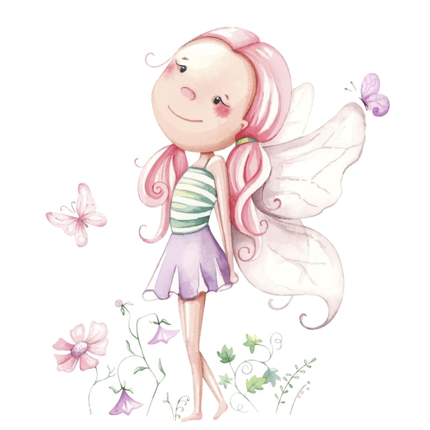 Vector hand painted cute fairy flowers butterflies watercolor illustration