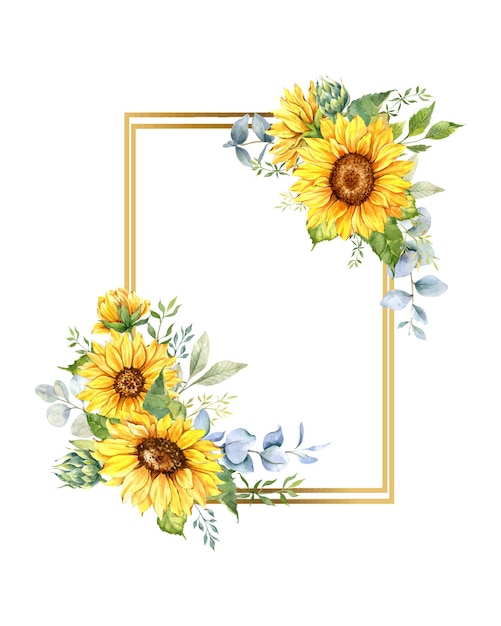 Hand painted Geometric Sunflower Frame for wedding invitations, watercolour floral frame