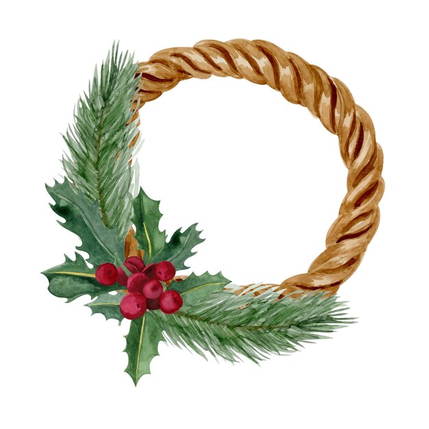 Hand painted holiday wreath isolated on white background