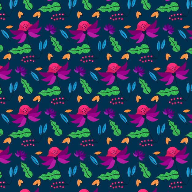 Hand painted leaves and exotic flowers pattern