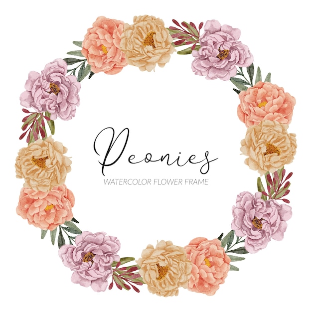 Hand painted peonies floral circle frame illustration watercolor style