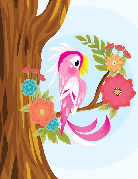 Hand painted pink ,parrot and palm leaves background