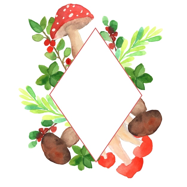 hand painted red mushrooms and brown mushroom watercolor frame with diamond shape