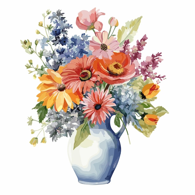 hand painted style flower Watercolor style cute bouquet in a vase hand drawing illustration