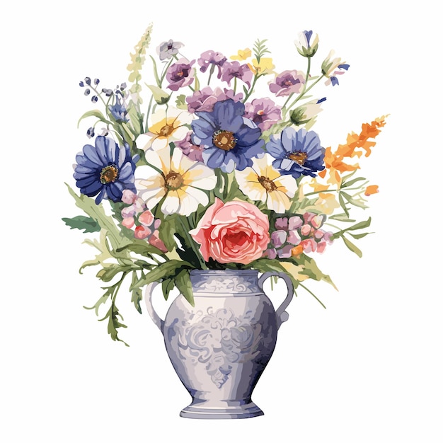 hand painted style flower Watercolor style cute bouquet in a vase hand drawing illustration