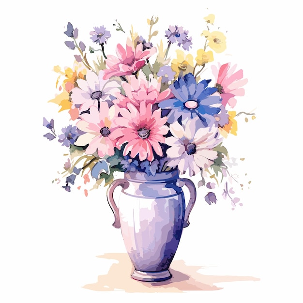 手描き風の花 花瓶に入った水彩風かわいい花束 手描きイラスト