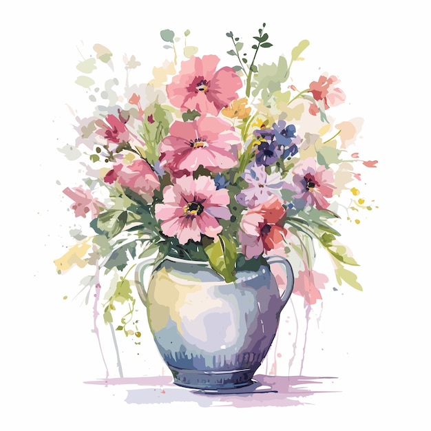 hand painted style flower Watercolor style cute bouquet in a vase hand drawing illustration