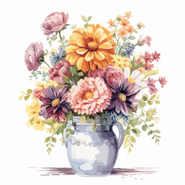 hand painted style flower Watercolor style cute bouquet in a vase hand drawing illustration