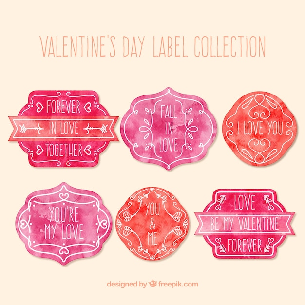 Vector hand painted valentine's day labels in pink and red color