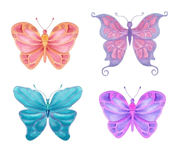 Hand painted various colorful watercolor butterfly set