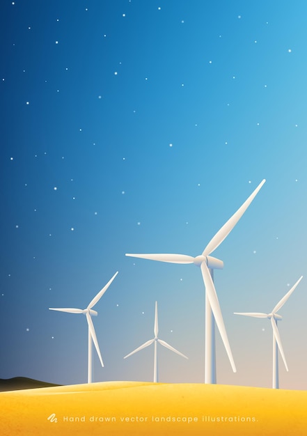 hand painted vertical illustration of a wind turbine on a yellow earth blue night sky background