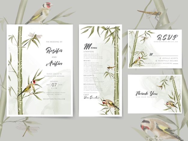 hand painted watercolor bamboo wedding invitation card template
