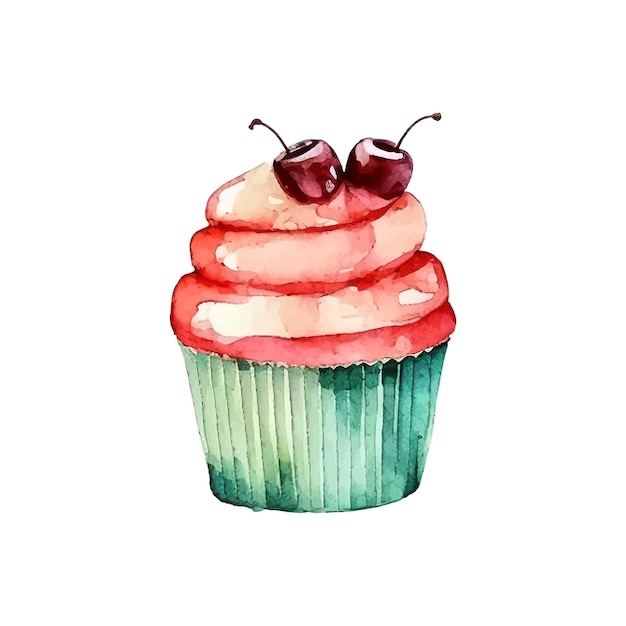 Hand painted watercolor cherry muffin Vector illustration