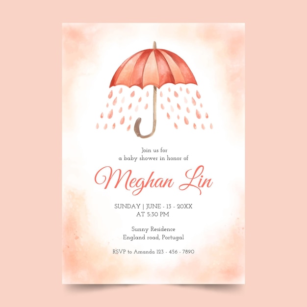 Vector hand painted watercolor chuva de amor baby shower invitation