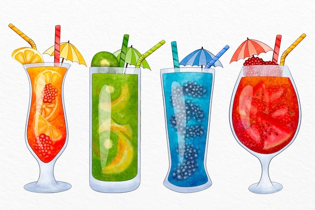 Vector hand painted watercolor cocktails collection