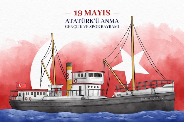 Hand-painted watercolor commemoration of ataturk, youth and sports day