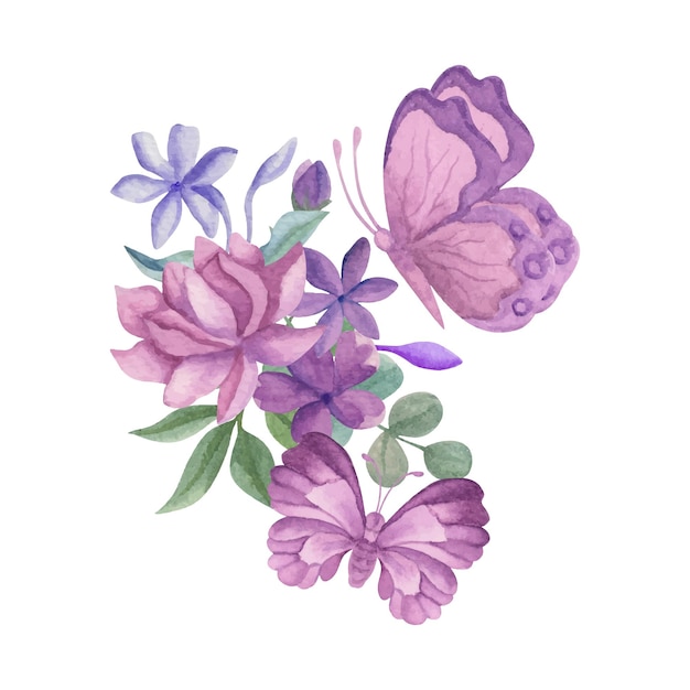 나비와 함께 손으로 그린 수채화 장식 꽃 꽃다발
