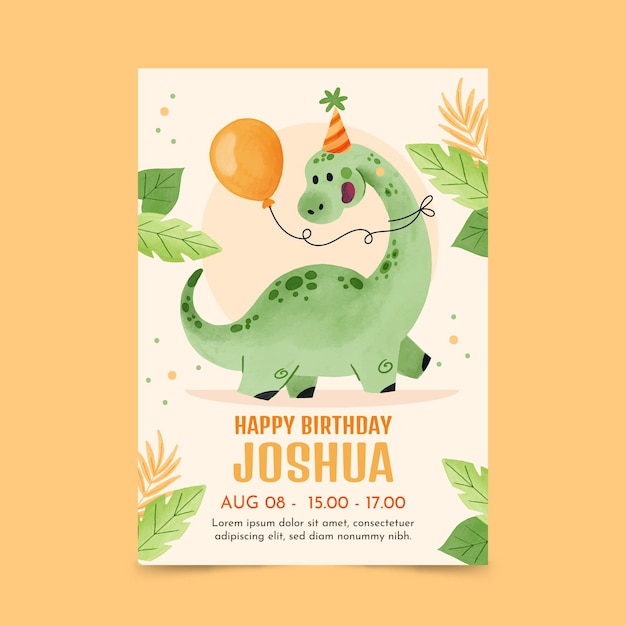 Vector hand painted watercolor dinosaur birthday invitation template